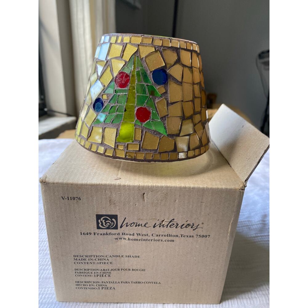 Home Interiors mosaic candle topper features stained-glass Christmas tree design